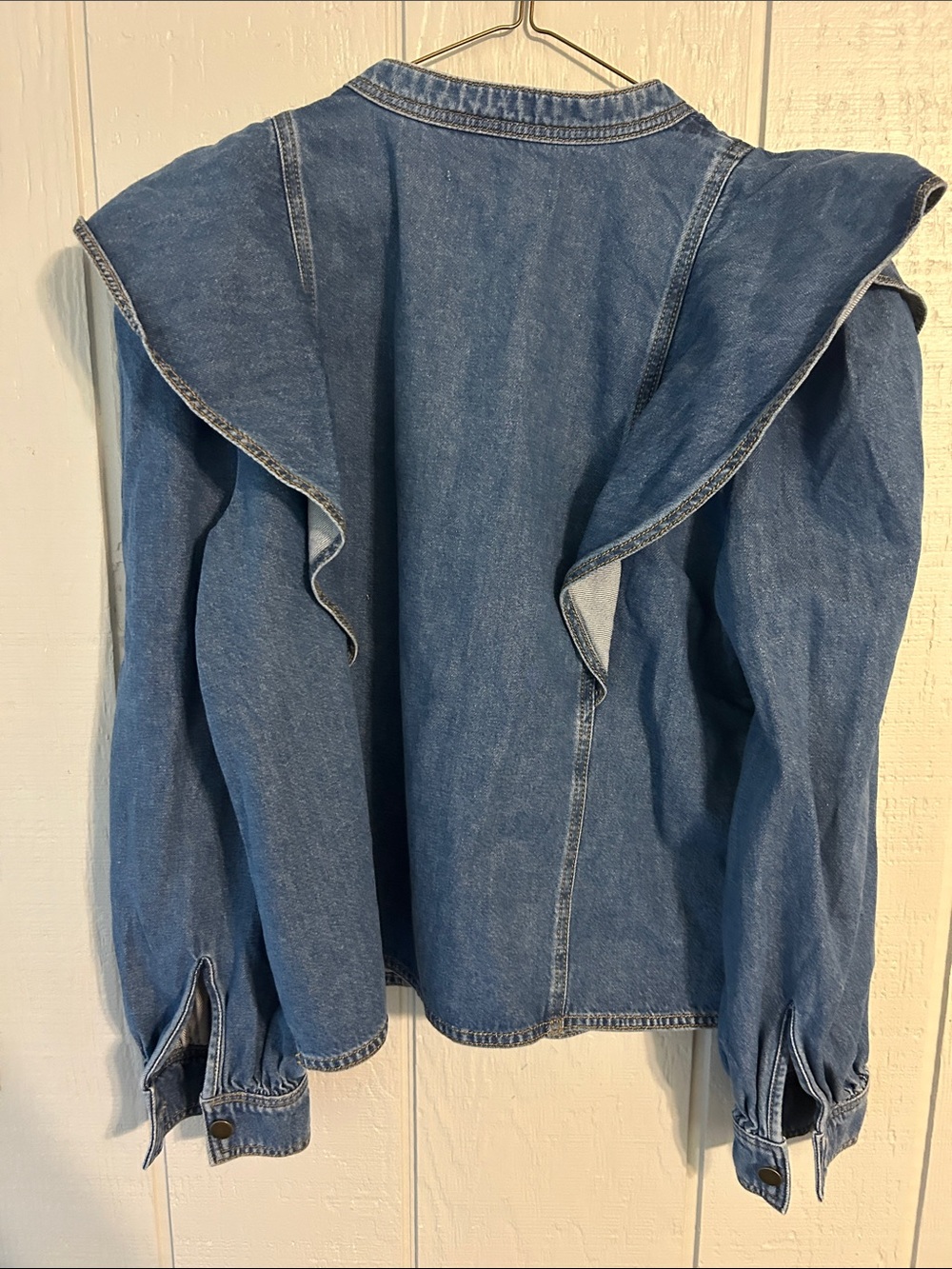 LOFT Blue Denim Ruffle-Shoulder Button Pullover - Picture 2 of 3